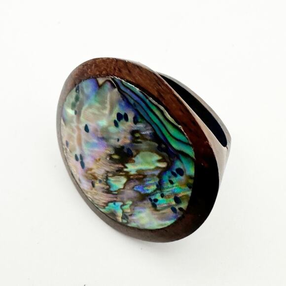 Wood Abalone Oversized Round Ring Chunky Retro Boho Bohemian Size 6.75 - Picture 1 of 11